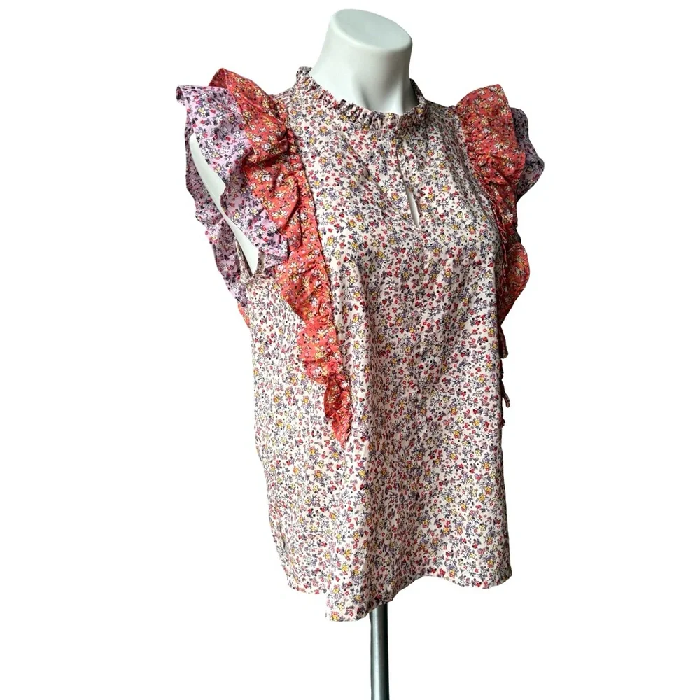 Ann Taylor Purple Orange Floral Ruffle Flutter Keyhole Button Blouse, Sz M - Picture 7 of 14